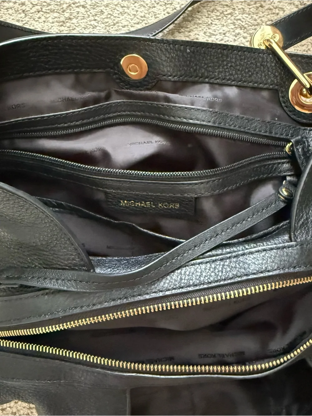 Michael Kors Black Pebbled Leather Shoulder Tote with Gold Hardware